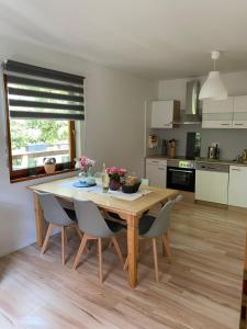 a kitchen with a wooden dining table and chairs at Ferienwohnung-/Haus mit kostenfreiem Parkplatz in Kurort Altenberg