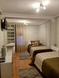 Habitación de hotel con 2 camas, escritorio y escritorio. en Apartamento Turístico Santiago en Logroño