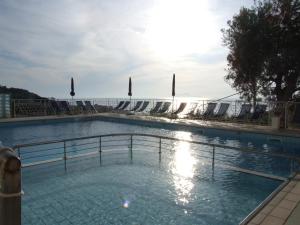 a large swimming pool with a fence in the water at Hotel Dania in Sorrento