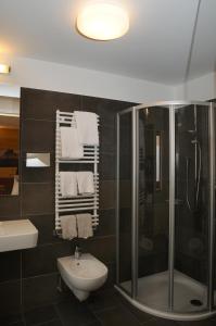 a bathroom with a toilet, sink, and shower at Hotel Olaga in Valdaora