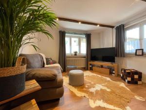 een woonkamer met een bank en een tv bij Suite Home Mittenwald in Mittenwald