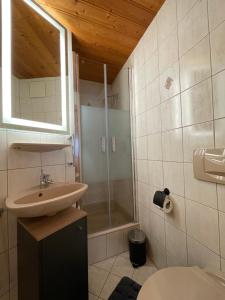 een badkamer met een wastafel en een douche bij Suite Home Mittenwald in Mittenwald