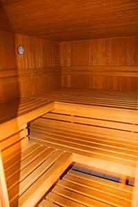 una sauna vacía con paredes de madera y suelo de madera en ZUR TRAUBE Schwarzwaldhotel & Restaurant am Titisee en Titisee-Neustadt