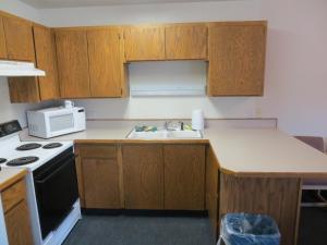 a kitchen with wooden cabinets and a sink and a microwave at Four Corners Inn in Blanding