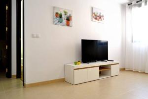 una sala de estar con TV en un armario blanco en Monachil Apartamento La Vereda recién estrenado, en Monachil