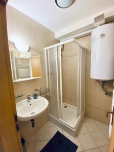 a small bathroom with a sink and a shower at Apartmán u Vlka in Donovaly