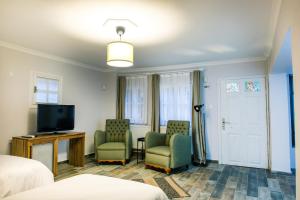 a hotel room with two chairs and a television at Avlu Tophane in Bursa