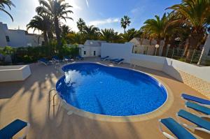 duży niebieski basen na patio z krzesłami w obiekcie Ferienwohnung PALM GARDEN - Costa Calma - Pool - GlasfaserInternet w mieście Costa Calma