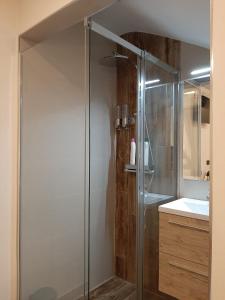 y baño con ducha y puerta de cristal. en Habitacion cerca del Aeropuerto, en Coslada