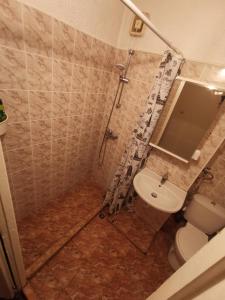 y baño con ducha, aseo y lavamanos. en Spacious quiet apartment next to Arena Armeec and Metro station GM Dimitrov en Sofía