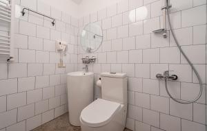 a white tiled bathroom with a toilet and a shower at Kazbegi Targmani Cottages in Stepantsminda