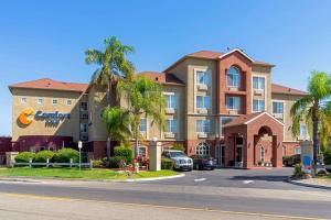 a building with palm trees in front of a street at Comfort Inn Lathrop Stockton Airport in Lathrop