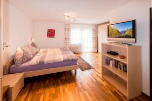 a bedroom with a bed and a flat screen tv at Apartment Castello in Grächen
