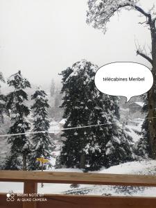 a winter view of a snow covered forest from a window at Clos Bois Joli in Brides-les-Bains