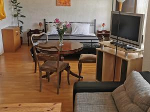 een woonkamer met een bed en een tafel met een televisie bij Ferienwohnung Tymoshenko in Altenau