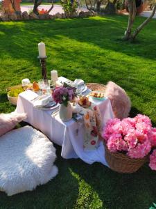una mesa con platos de comida y flores en la hierba en Cortijo Bustamante, en Baza
