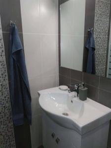 Nev Apart New في فيلينغراد: حمام مع حوض أبيض ومرآة