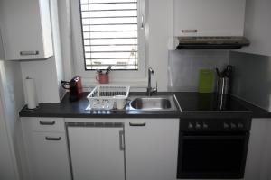 uma cozinha com um lavatório e uma bancada em Felseck Zimmer em Innsbruck