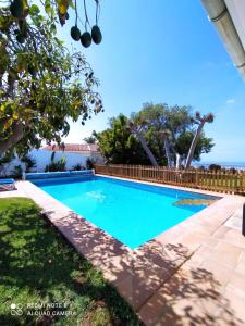 a swimming pool in a yard with the ocean in the background at Villa Dragos in Santa Úrsula