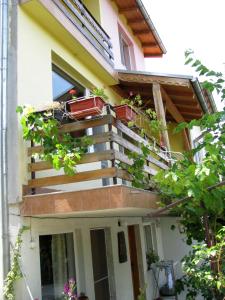 ein Gebäude mit Treppen und Topfpflanzen darauf in der Unterkunft Guest House Familia in Samovodene