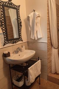 bagno con lavandino, specchio e doccia di Agriturismo Il Puntoncino a Marsiliana