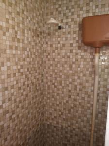 a tiled bathroom with a shower with a toilet at Guaraná da Cláudia in Santarém +134 photos