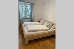 格齐斯Terrassenwohnung in Götzis的房间里有一张床，上面有两个枕头