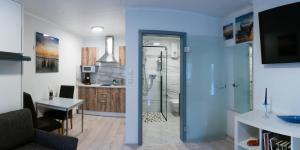 ein Bad mit einem Waschbecken und einer Dusche in einem Zimmer in der Unterkunft Apartment in Innenstadtnähe in Darmstadt