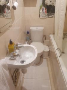 a white bathroom with a toilet and a sink at Bournebrook Eltham in London