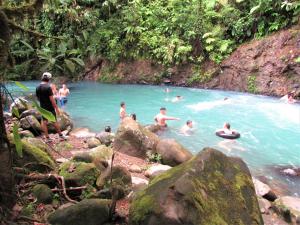un grupo de personas nadando en una piscina de agua en Cabinas Río Celeste La Amistad, en Rio Celeste