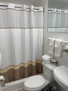 a bathroom with a white toilet and a shower curtain at Beach Place Hotel in Miami Beach