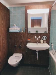 La salle de bains est pourvue d'un lavabo et de toilettes. dans l'établissement Etrier, à Crans-Montana