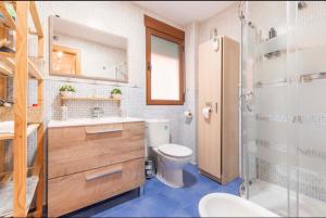 uma casa de banho com um WC, um lavatório e um chuveiro em Apartamento Turístico Javalambre em Camarena de la Sierra