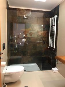 een badkamer met een douche, een toilet en een bad bij Casa dos Cinco - Gerês in Terras de Bouro