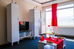 uma sala de estar com uma televisão e uma cortina vermelha em 3+1 NEW Kadıköy Istanbul entire flat furnished apartment for rent in the heart of Kadikoy! em Istambul
