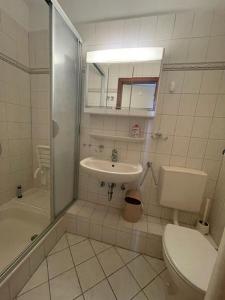 a bathroom with a toilet and a sink and a shower at Vier Jahreszeiten 4JZ Haus 1 Whg 71 in Großenbrode