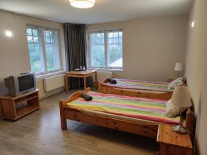a bedroom with two beds and a television at Rabbit Hotel in Raiskums