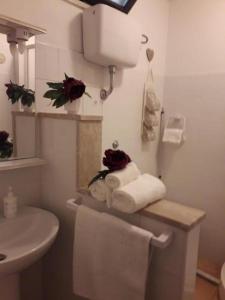 ein Bad mit einem Waschbecken, einem WC und Handtüchern in der Unterkunft Appartamento con solo camera e bagno senza cucina in Casale