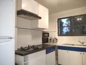 a kitchen with white cabinets and a stove and a window at Le noisy in Noisy-le-Sec