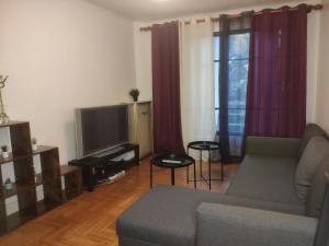 a living room with a couch and a tv at Le noisy in Noisy-le-Sec