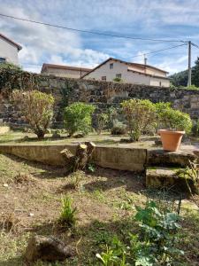 un jardin avec un mur en pierre et quelques plantes dans l'établissement Les Giroflées, à Coubon