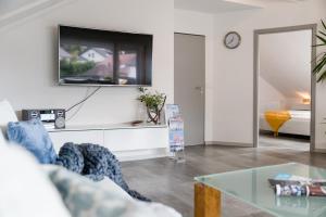 ein Wohnzimmer mit einem Sofa und einem TV an der Wand in der Unterkunft Ferienwohnung Fuchs in Bodman-Ludwigshafen