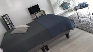 a bedroom with a bed with a television and a chair at Joli Studio A Euroairport-BASEL-MULHOUSE-FREIBURG in Saint-Louis