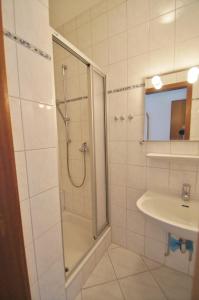 a bathroom with a shower and a sink at An der Allee 20 C in Dahme