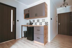 a kitchen with wooden cabinets and a counter top at Pokoje Venezia in Cieszyn