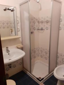 La salle de bains est pourvue d'une douche et d'un lavabo. dans l'établissement Casa Neve e Sole - presso Sussy Residence, à Falcade