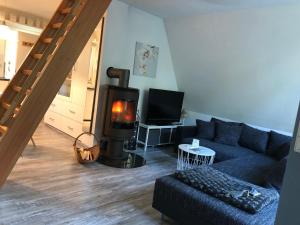 un soggiorno con divano blu e stufa a legna. di Ferienhaus Reetdach 1300qm Privatgrundstück Bootssteg Sauna Templin Lübbesee Uckermark Erholung pur Seenplatte a Petersdorf