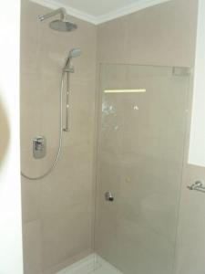 a shower with a glass door in a bathroom at Deichblick - a26817 in Büsumer Deichhausen