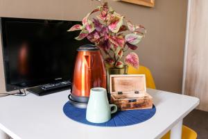 uma mesa com comodidades para preparar café e um vaso com uma planta em Hammerbrook Hostel em Hamburgo