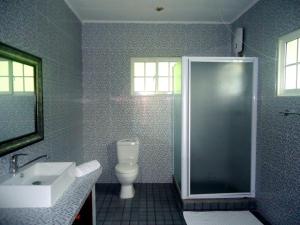 a bathroom with a shower and a toilet and a sink at Chalets Anse Possession in Baie Sainte Anne